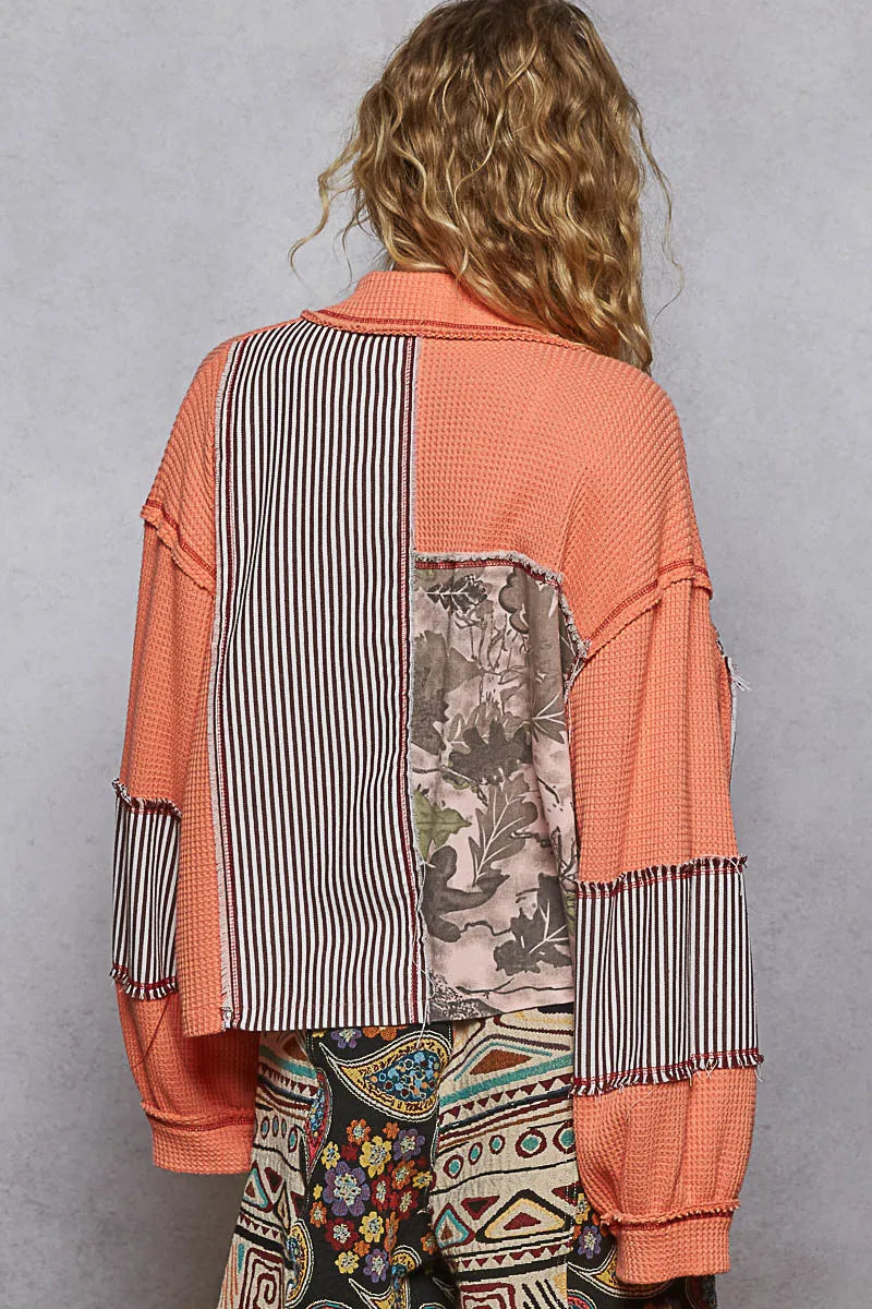Coral Button Down Patchwork Multi-Pattern Jacket-Jacket-Reef Love