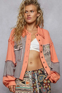 Coral Button Down Patchwork Multi-Pattern Jacket-Jacket-Reef Love