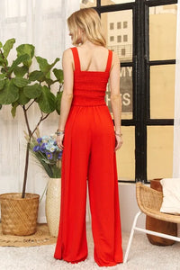 Coral Red Smocking Top Wide Leg Jumpsuit