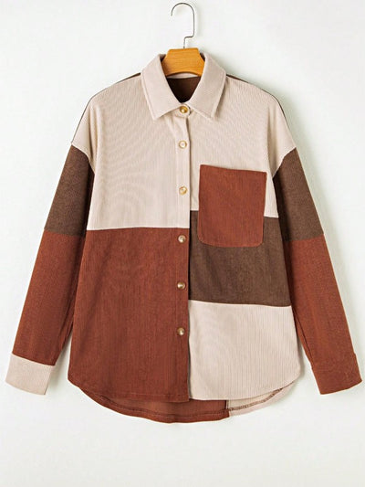Shop Corduroy Boho Patch Button Shirt Shacket-Boho corduroy patchwork shacket with button front, soft fabric, and cozy fit. A must-have for layering all season long with effortless style.-available at Reef Love online boho-chic boutique