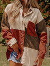 Shop Corduroy Boho Patch Button Shirt Shacket-Boho corduroy patchwork shacket with button front, soft fabric, and cozy fit. A must-have for layering all season long with effortless style.-available at Reef Love online boho-chic boutique