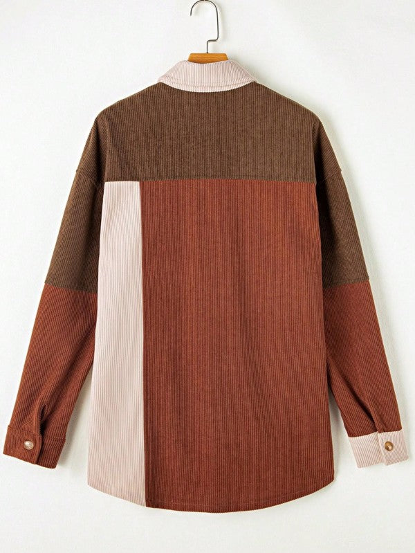 Shop Corduroy Boho Patch Button Shirt Shacket-Boho corduroy patchwork shacket with button front, soft fabric, and cozy fit. A must-have for layering all season long with effortless style.-available at Reef Love online boho-chic boutique