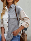 Shop Corduroy Boho Patch Button Shirt Shacket-Boho corduroy patchwork shacket with button front, soft fabric, and cozy fit. A must-have for layering all season long with effortless style.-available at Reef Love online boho-chic boutique