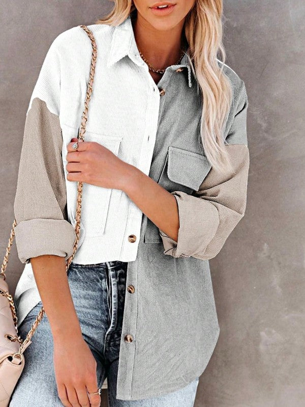 Shop Corduroy Boho Patch Button Shirt Shacket-Boho corduroy patchwork shacket with button front, soft fabric, and cozy fit. A must-have for layering all season long with effortless style.-available at Reef Love online boho-chic boutique