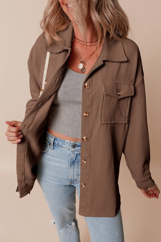 Corduroy Button-Up Pocketed Cardigan Shacket-Reef Love