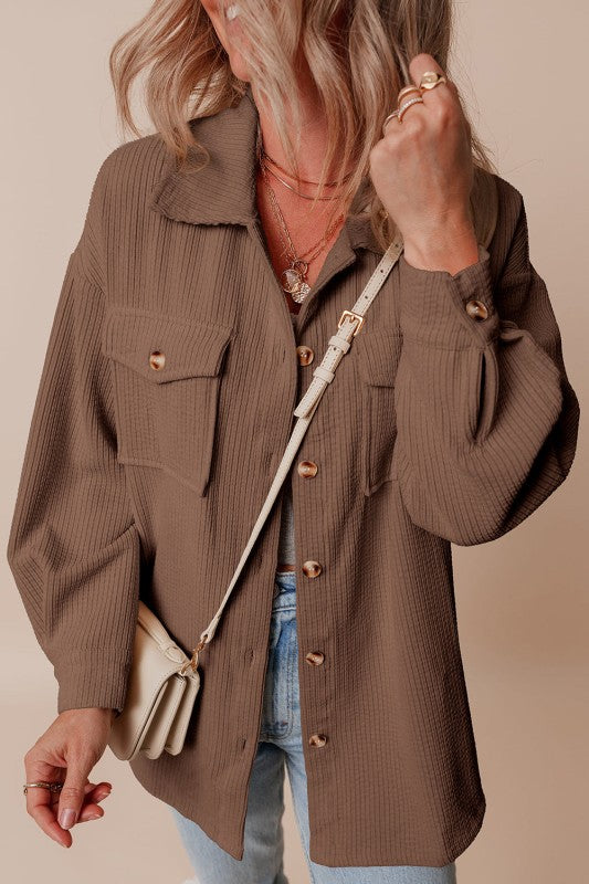Corduroy Button-Up Pocketed Cardigan Shacket-Reef Love