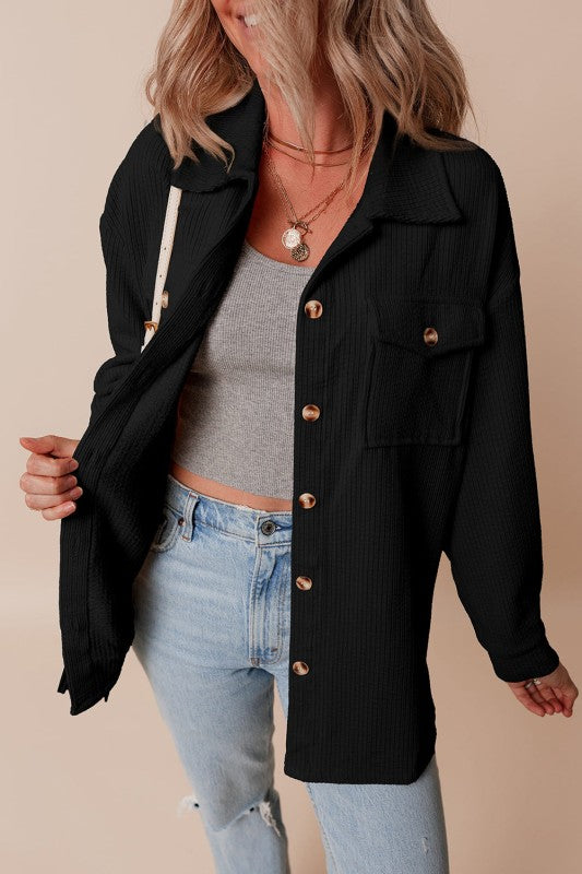 Corduroy Button-Up Pocketed Cardigan Shacket-Reef Love