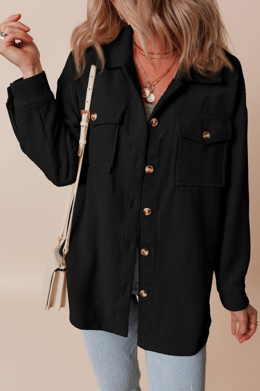 Corduroy Button-Up Pocketed Cardigan Shacket-Reef Love