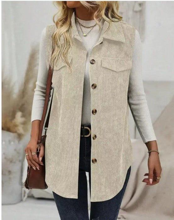 Corduroy Buttoned Vest Cardigan-Corduroy Buttoned Vest Cardigan - This chic vest is perfect for layering in cooler weather. Featuring a button-front design, and a stylish collared neck.