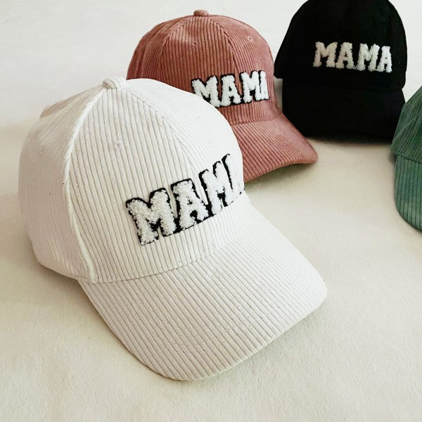Corduroy Mama Baseball Cap-Adorable corduroy MAMA ball cap with fuzzy patch lettering. Has great fit with perfect curved brim. Clip closure on the back to adjust size and hidden pocket.