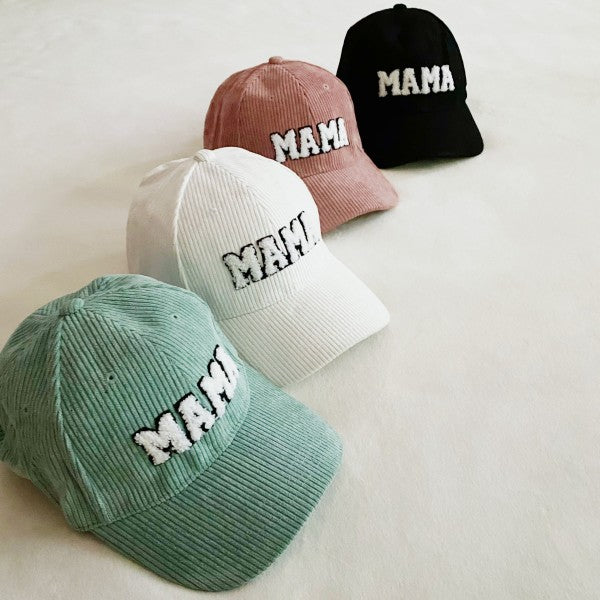 Corduroy Mama Baseball Cap-Adorable corduroy MAMA ball cap with fuzzy patch lettering. Has great fit with perfect curved brim. Clip closure on the back to adjust size and hidden pocket.