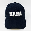 Corduroy Mama Baseball Cap-Adorable corduroy MAMA ball cap with fuzzy patch lettering. Has great fit with perfect curved brim. Clip closure on the back to adjust size and hidden pocket.