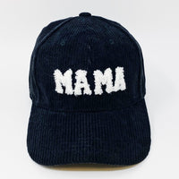 Corduroy Mama Baseball Cap-Adorable corduroy MAMA ball cap with fuzzy patch lettering. Has great fit with perfect curved brim. Clip closure on the back to adjust size and hidden pocket.