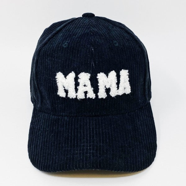 Corduroy Mama Baseball Cap-Adorable corduroy MAMA ball cap with fuzzy patch lettering. Has great fit with perfect curved brim. Clip closure on the back to adjust size and hidden pocket.