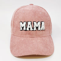 Corduroy Mama Baseball Cap-Adorable corduroy MAMA ball cap with fuzzy patch lettering. Has great fit with perfect curved brim. Clip closure on the back to adjust size and hidden pocket.