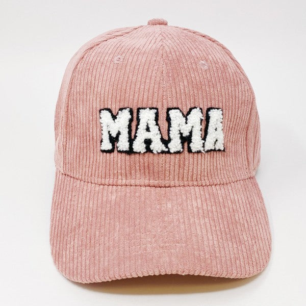 Corduroy Mama Baseball Cap-Adorable corduroy MAMA ball cap with fuzzy patch lettering. Has great fit with perfect curved brim. Clip closure on the back to adjust size and hidden pocket.