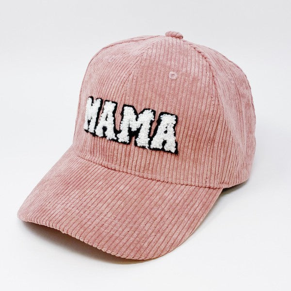Corduroy Mama Baseball Cap-Adorable corduroy MAMA ball cap with fuzzy patch lettering. Has great fit with perfect curved brim. Clip closure on the back to adjust size and hidden pocket.