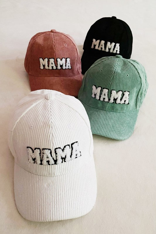 Corduroy Mama Baseball Cap-Adorable corduroy MAMA ball cap with fuzzy patch lettering. Has great fit with perfect curved brim. Clip closure on the back to adjust size and hidden pocket.