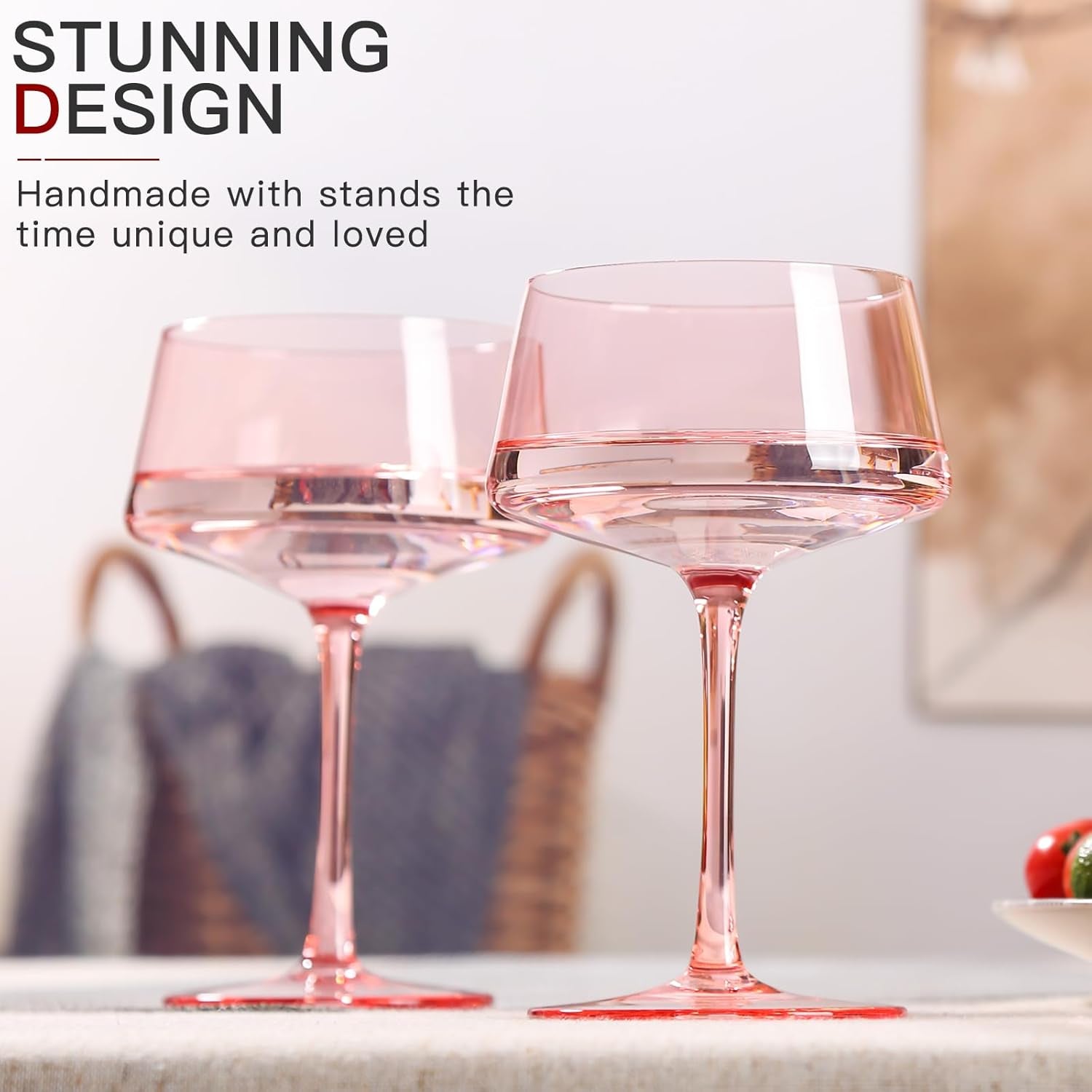 Pink Coupe Glasses Set of 6-13 Oz Large Capacity Martini Glassware - Versatile Tall Cocktail Glasses- Hand-Blown Colored Champagne Coupe Glass-Art Deco Cocktail Glasses Set-Mother'S Day Gifts