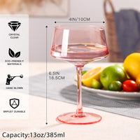 Pink Coupe Glasses Set of 6-13 Oz Large Capacity Martini Glassware - Versatile Tall Cocktail Glasses- Hand-Blown Colored Champagne Coupe Glass-Art Deco Cocktail Glasses Set-Mother'S Day Gifts