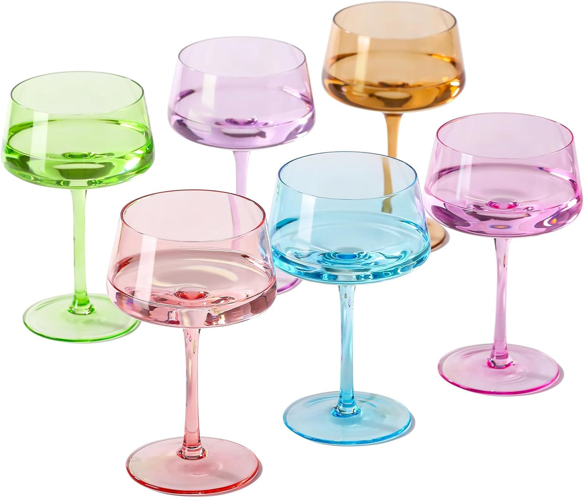 Pink Coupe Glasses Set of 6-13 Oz Large Capacity Martini Glassware - Versatile Tall Cocktail Glasses- Hand-Blown Colored Champagne Coupe Glass-Art Deco Cocktail Glasses Set-Mother'S Day Gifts