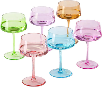 Pink Coupe Glasses Set of 6-13 Oz Large Capacity Martini Glassware - Versatile Tall Cocktail Glasses- Hand-Blown Colored Champagne Coupe Glass-Art Deco Cocktail Glasses Set-Mother'S Day Gifts