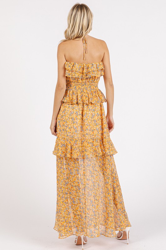Cove Yellow Ruffled Smocked Floral Halter Neck Maxi Dress-The yellow Ruffled Smocked Floral Halter Neck Maxi Dress is a stunning and feminine piece that exudes effortless elegance. Featuring a halter neckline with ruffled detailing-Reef Love Boho-Chic Boutique