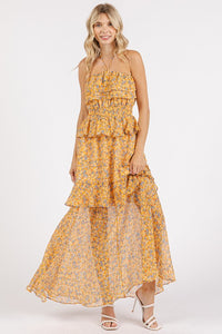 Cove Yellow Ruffled Smocked Floral Halter Neck Maxi Dress-The yellow Ruffled Smocked Floral Halter Neck Maxi Dress is a stunning and feminine piece that exudes effortless elegance. Featuring a halter neckline with ruffled detailing-Reef Love Boho-Chic Boutique