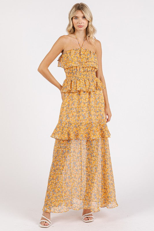 Mittoshop Ruffled Smocked Floral Halter Neck Maxi Dress in Yellow - sold by Reef Love