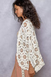 Cream Latte Openwork Chenille Cardigan with Contrast Floral