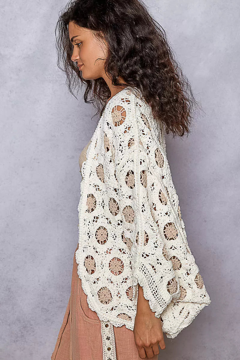 Cream Latte Openwork Chenille Cardigan with Contrast Floral