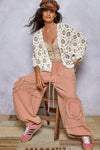 Cream Latte Openwork Chenille Cardigan with Contrast Floral