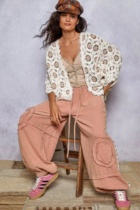 Cream Latte Openwork Chenille Cardigan with Contrast Floral