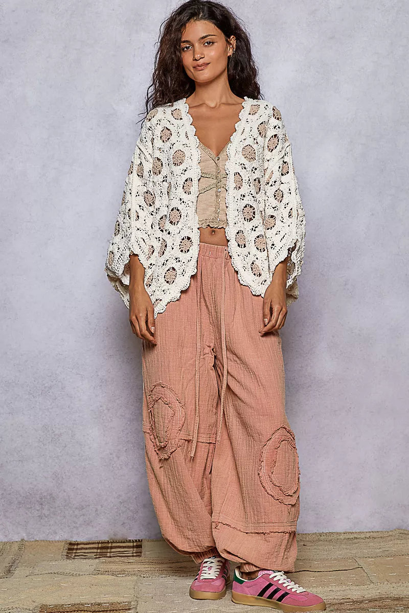 Cream Latte Openwork Chenille Cardigan with Contrast Floral