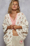 Cream Latte Openwork Chenille Cardigan with Contrast Floral