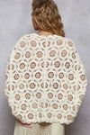 Cream Latte Openwork Chenille Cardigan with Contrast Floral