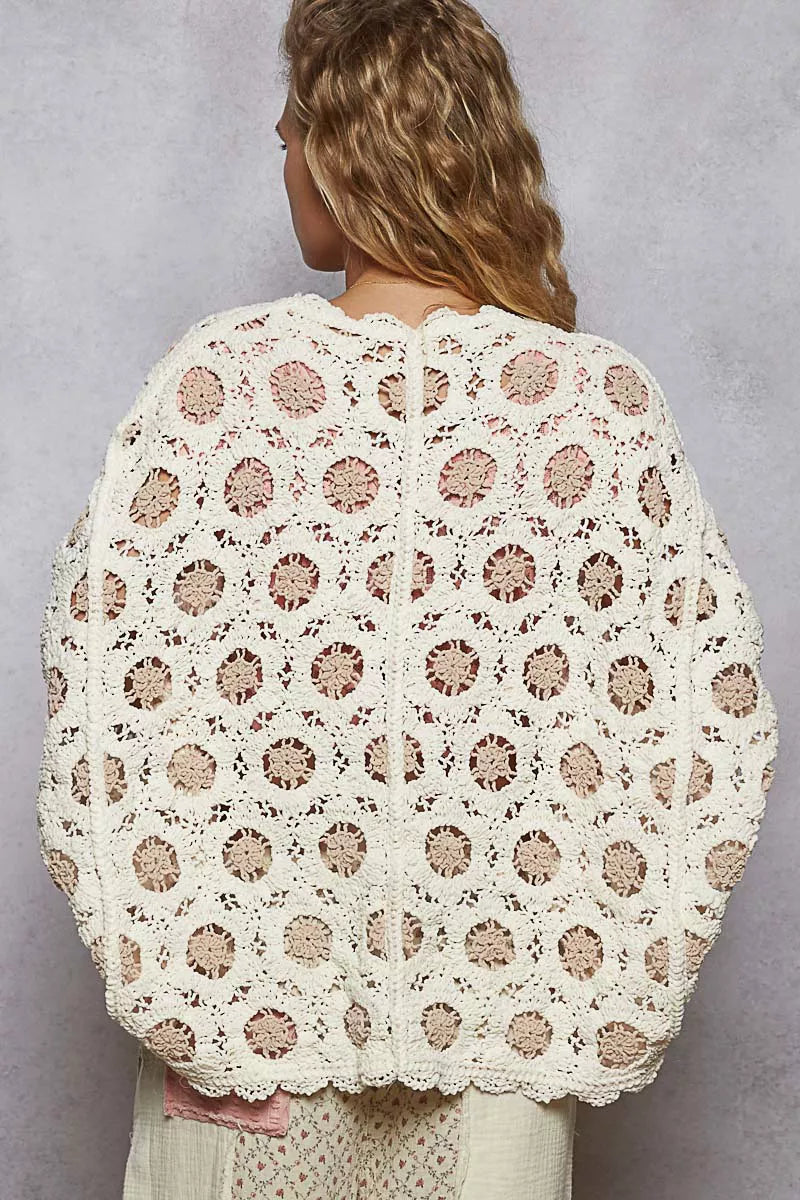 Cream Latte Openwork Chenille Cardigan with Contrast Floral