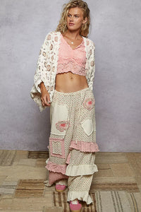 Cream Latte Openwork Chenille Cardigan with Contrast Floral