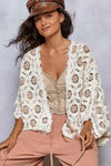 Cream Latte Openwork Chenille Cardigan with Contrast Floral