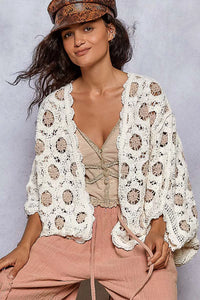 Cream Latte Openwork Chenille Cardigan with Contrast Floral