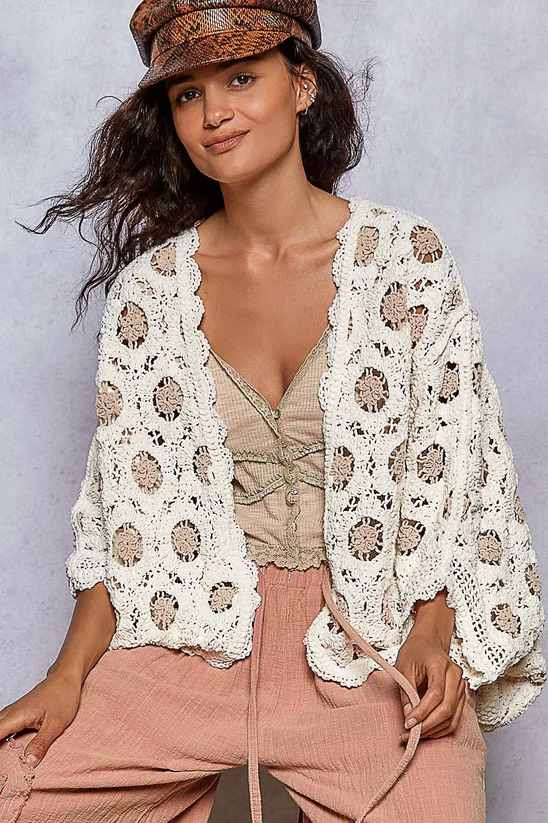 Cream Latte Openwork Chenille Cardigan with Contrast Floral