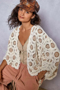 Cream Latte Openwork Chenille Cardigan with Contrast Floral