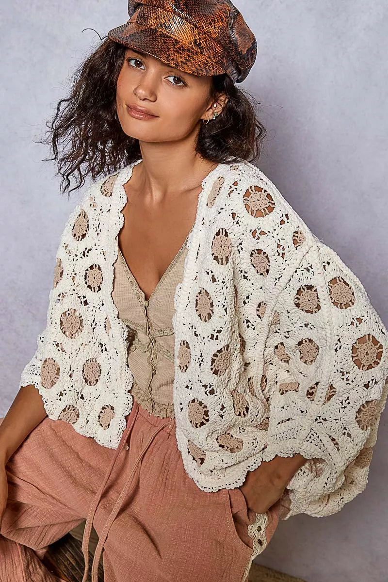 Cream Latte Openwork Chenille Cardigan with Contrast Floral