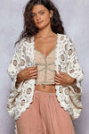 Cream Latte Openwork Chenille Cardigan with Contrast Floral