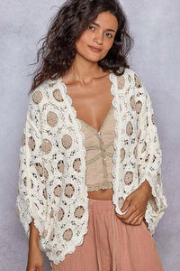 Cream Latte Openwork Chenille Cardigan with Contrast Floral