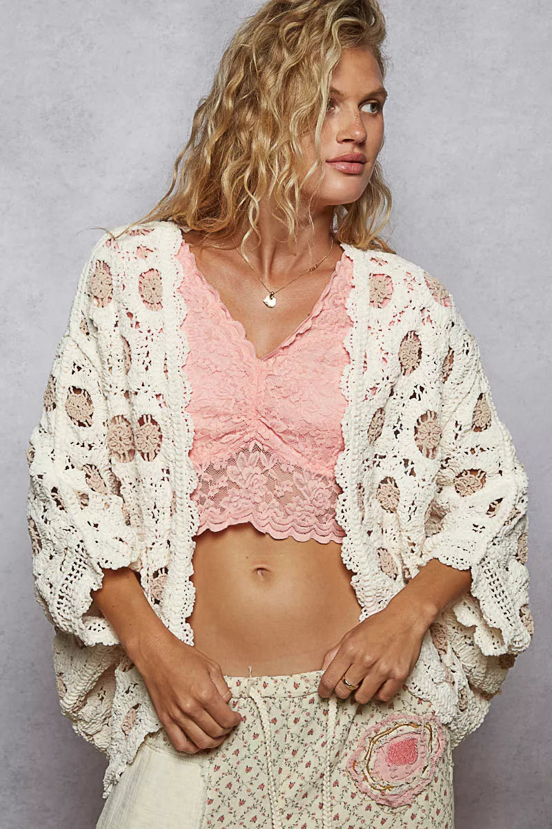 Cream Latte Openwork Chenille Cardigan with Contrast Floral