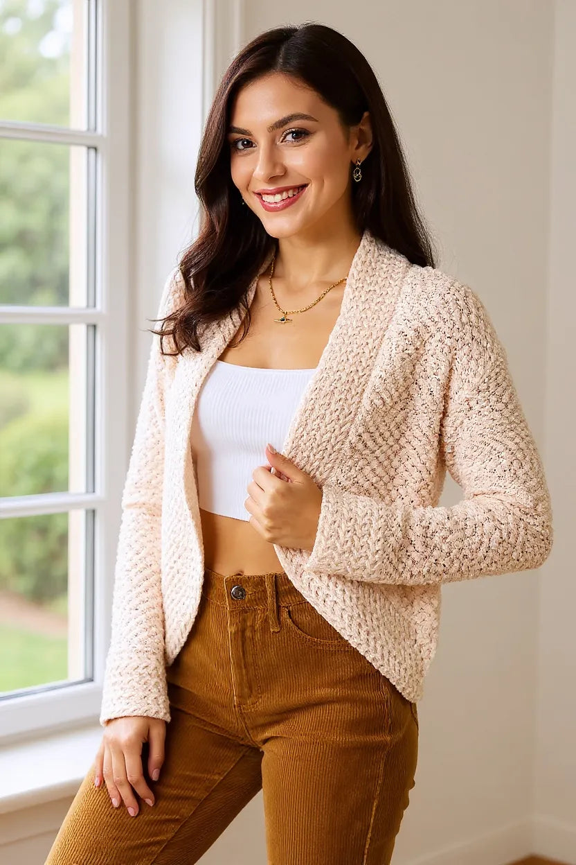 Cream Open Front Long Sleeve Cardigan-Cream open front long sleeve cardigan in soft acrylic knit. A versatile, cozy layering piece for casual, office, or weekend outfits.-Reef Love