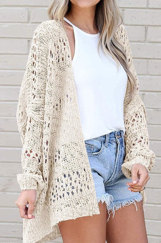 Crochet Dolman Knit Sleeve Cardigan-Crochet dolman knit sleeve cardigan in beige or black. Open-front hollowed knit layering piece with relaxed fit for boho-chic, casual, and vacation style.-Reef Love
