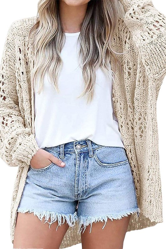 Crochet Dolman Knit Sleeve Cardigan-Crochet dolman knit sleeve cardigan in beige or black. Open-front hollowed knit layering piece with relaxed fit for boho-chic, casual, and vacation style.-Reef Love