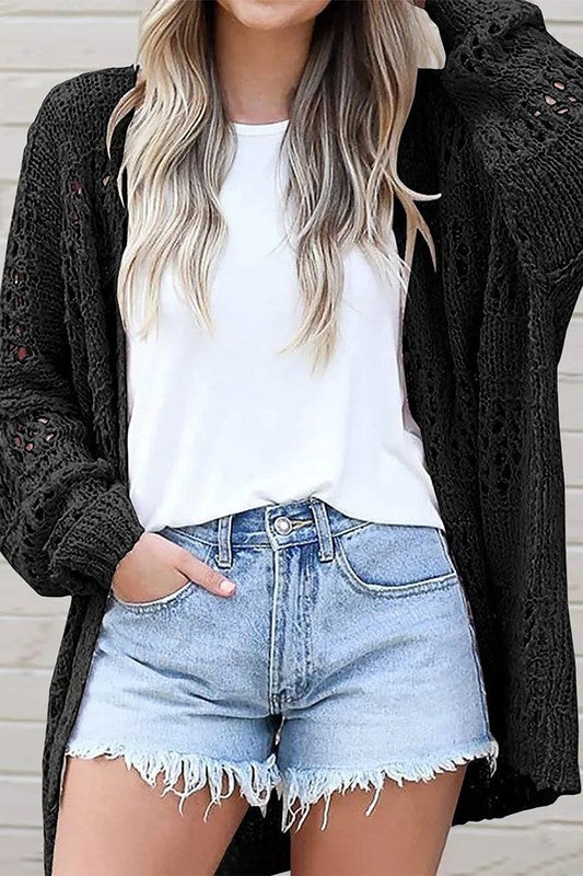 Crochet Dolman Knit Sleeve Cardigan-Crochet dolman knit sleeve cardigan in beige or black. Open-front hollowed knit layering piece with relaxed fit for boho-chic, casual, and vacation style.-Reef Love